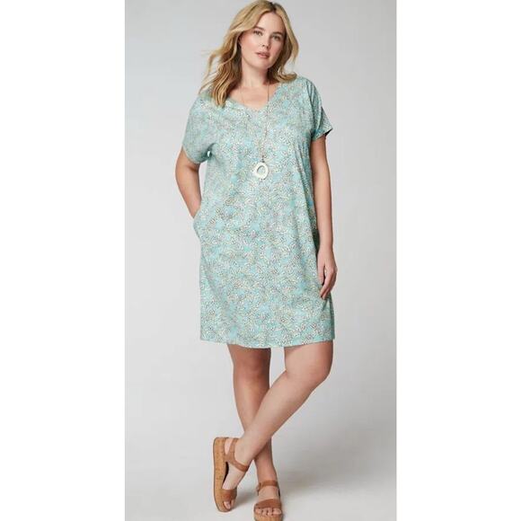 J Jill PureJill Soft V-Neck T-Shirt Dress Organic Cotton Stitched Leaves Medium - Picture 1 of 11